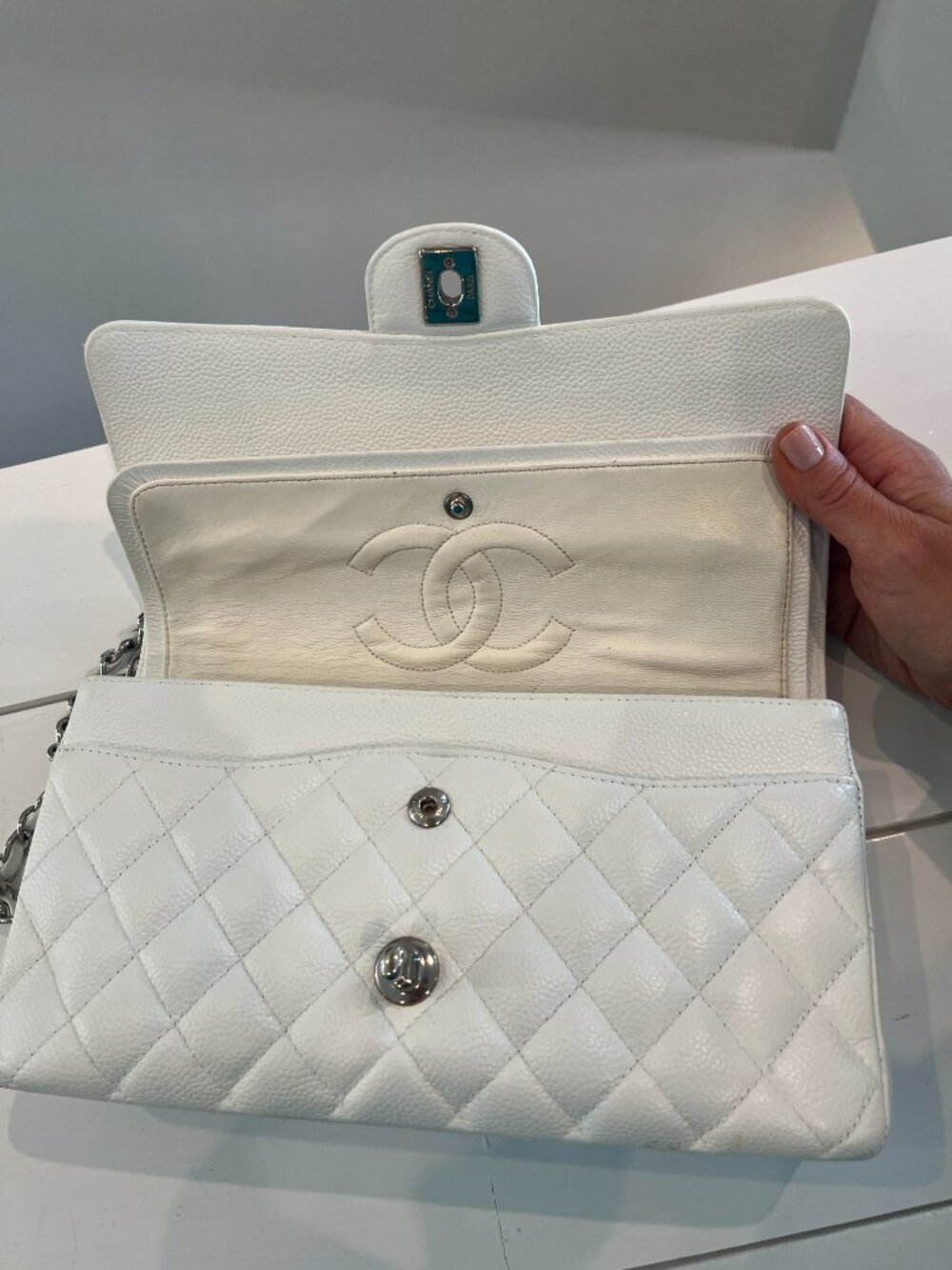 CHANEL White Caviar Medium Double Flap Shoulder Bag with Silver Hardware - Picture 6 of 12